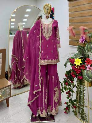 Pink designer embroidered georgette party wear sharara suit and dupatta set 4