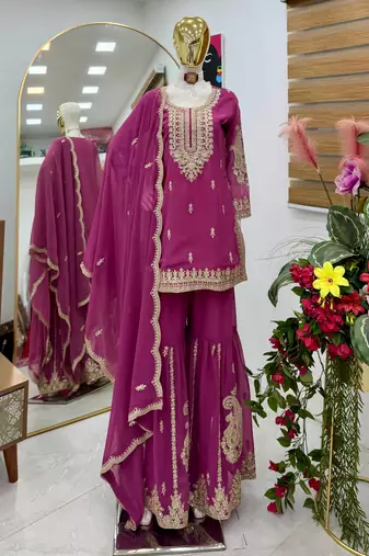 Pink designer embroidered georgette party wear sharara suit and dupatta set