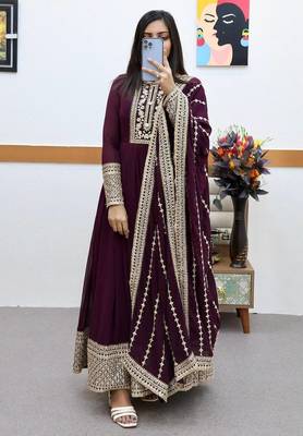 Wine designer embroidered georgette party wear gown and dupatta set 2