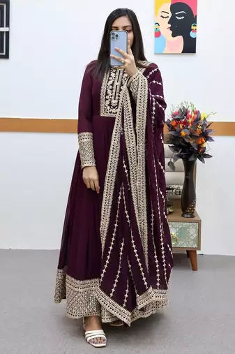 Wine designer embroidered georgette party wear gown and dupatta set