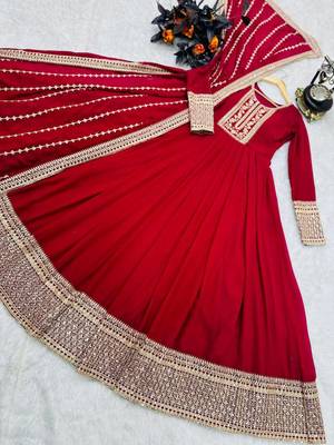 Red designer embroidered georgette party wear gown and dupatta set 4