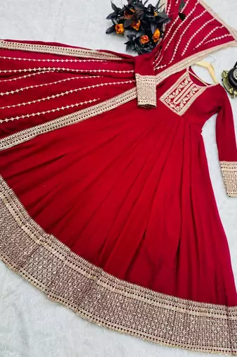 Red designer embroidered georgette party wear gown and dupatta set