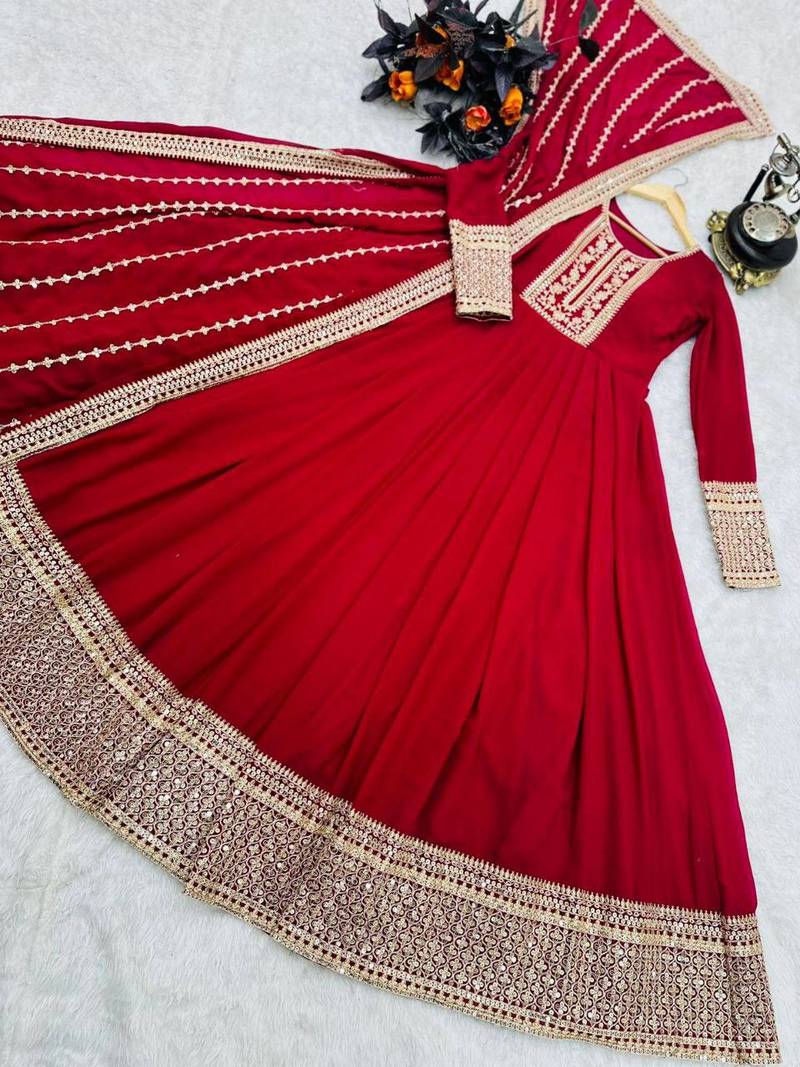 Red designer embroidered georgette party wear gown and dupatta set