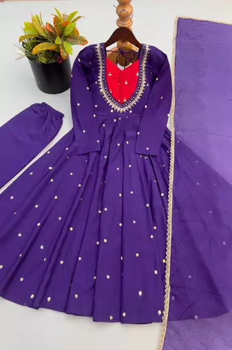 Premium jambli heavy neck embroidery anarkali suit set with dupatta & pant