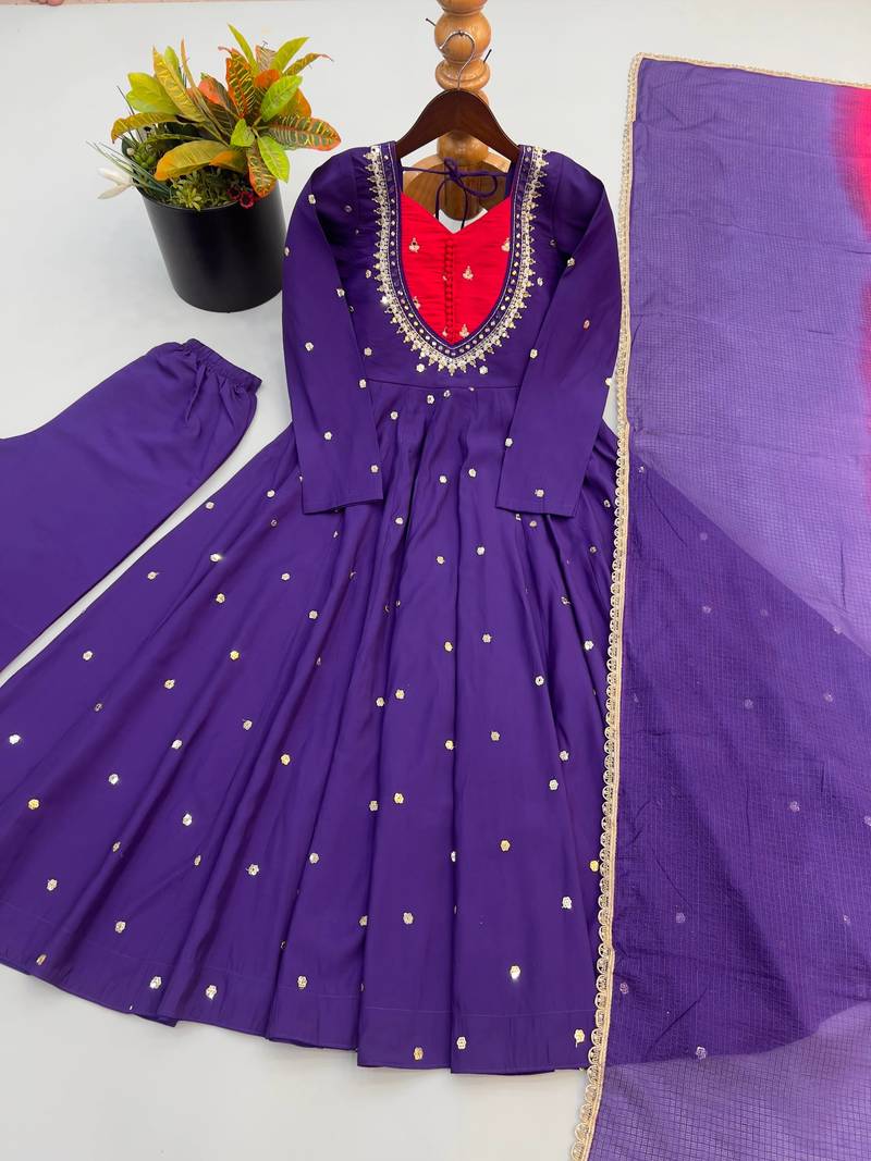 Premium jambli heavy neck embroidery anarkali suit set with dupatta & pant