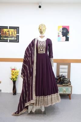 Wine designer embroidered georgette party wear gown and dupatta set 3