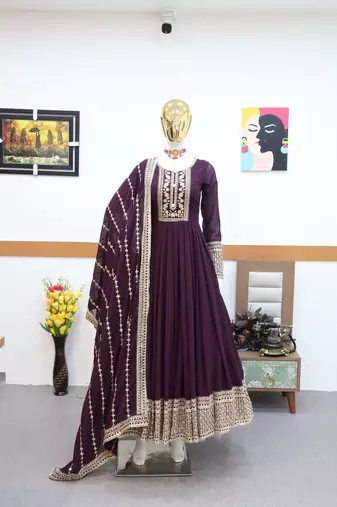 Wine designer embroidered georgette party wear gown and dupatta set