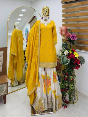 Yellow designer embroidered silk blend party wear sharara suit and dupatta set 1