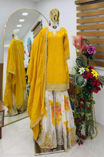 Yellow designer embroidered silk blend party wear sharara suit and dupatta set