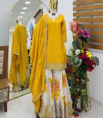 Yellow designer embroidered silk blend party wear sharara suit and dupatta set
