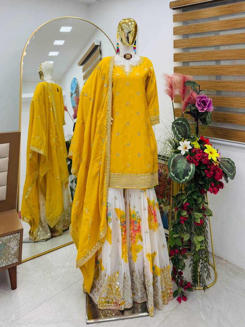 Yellow designer embroidered silk blend party wear sharara suit and dupatta set