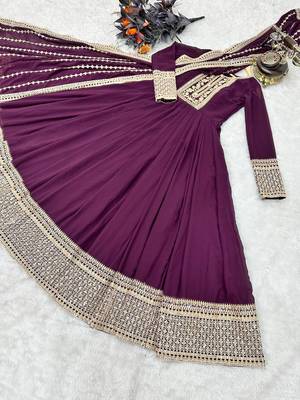 Wine designer embroidered georgette party wear gown and dupatta set 4