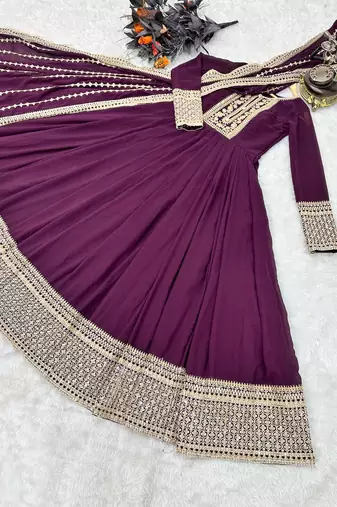 Wine designer embroidered georgette party wear gown and dupatta set