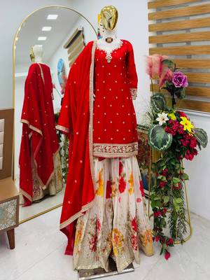 Red designer embroidered silk blend party wear sharara suit and dupatta set 1