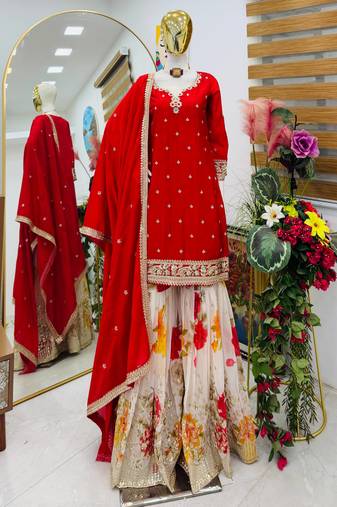 Red designer embroidered silk blend party wear sharara suit and dupatta set