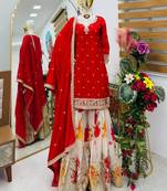 Red designer embroidered silk blend party wear sharara suit and dupatta set