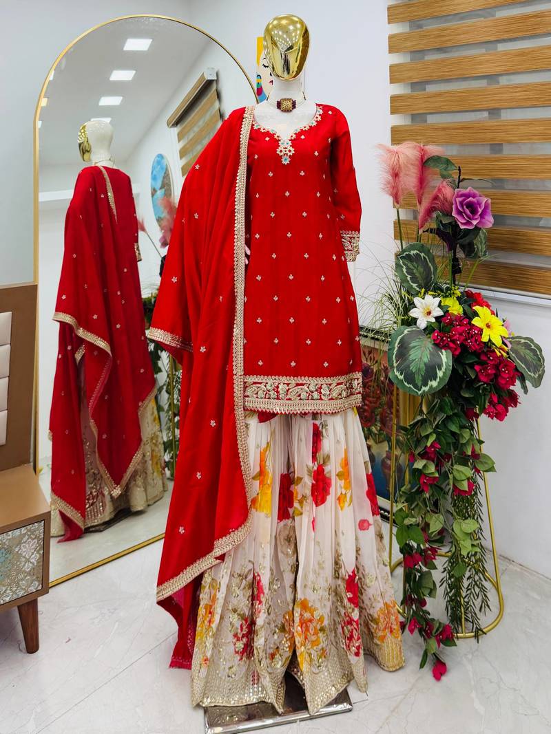 Red designer embroidered silk blend party wear sharara suit and dupatta set