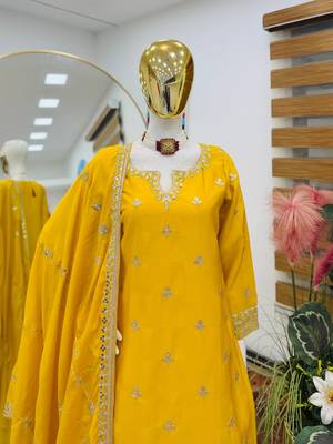 Yellow designer embroidered silk blend party wear sharara suit and dupatta set 2