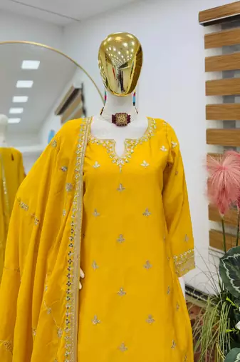 Yellow designer embroidered silk blend party wear sharara suit and dupatta set