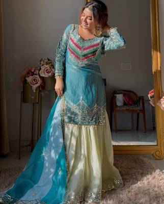 Blue designer embroidered silk blend party wear sharara suit and dupatta set 1