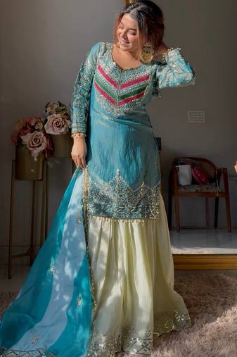 Blue designer embroidered silk blend party wear sharara suit and dupatta set
