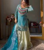 Blue designer embroidered silk blend party wear sharara suit and dupatta set
