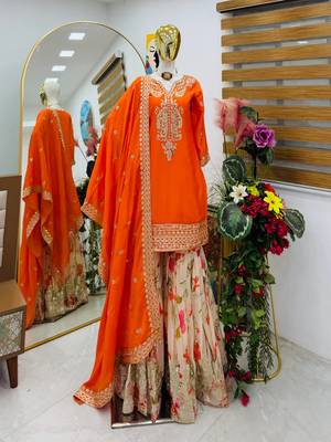 Orange designer embroidered silk blend party wear sharara suit and dupatta set 1