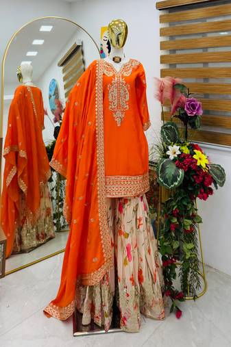 Orange designer embroidered silk blend party wear sharara suit and dupatta set