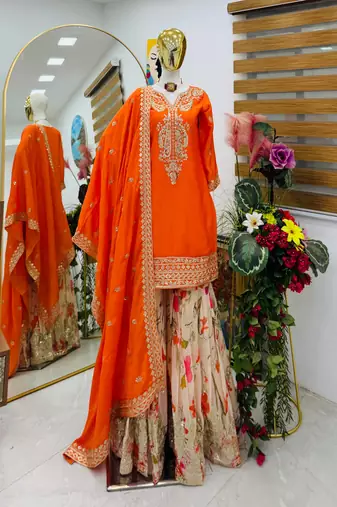 Orange designer embroidered silk blend party wear sharara suit and dupatta set