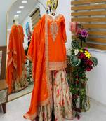 Orange designer embroidered silk blend party wear sharara suit and dupatta set