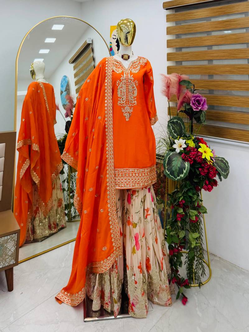 Orange designer embroidered silk blend party wear sharara suit and dupatta set
