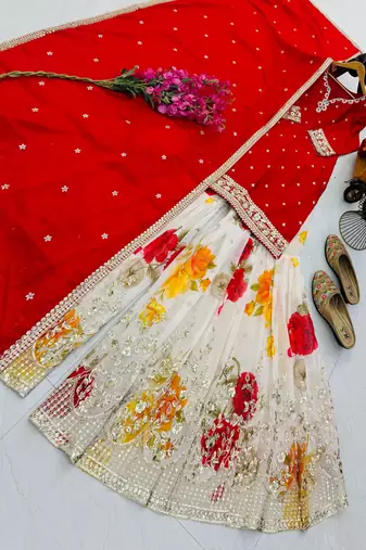 Red designer embroidered silk blend party wear sharara suit and dupatta set