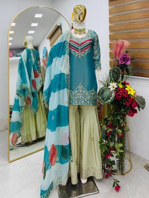 Blue designer embroidered silk blend party wear sharara suit and dupatta set 2