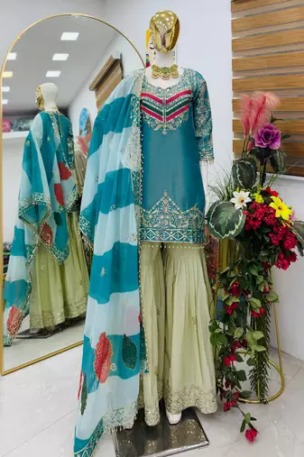 Blue designer embroidered silk blend party wear sharara suit and dupatta set