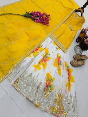 Yellow designer embroidered silk blend party wear sharara suit and dupatta set 3