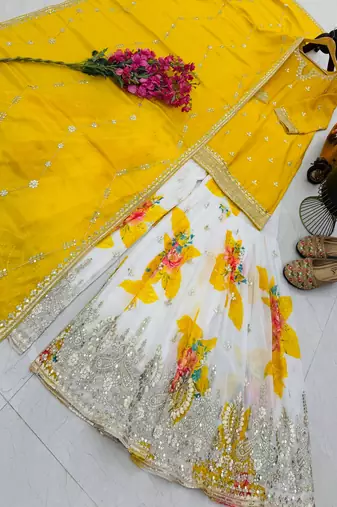 Yellow designer embroidered silk blend party wear sharara suit and dupatta set
