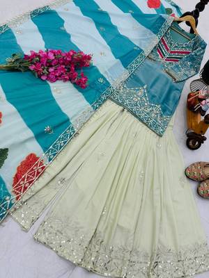 Blue designer embroidered silk blend party wear sharara suit and dupatta set 3