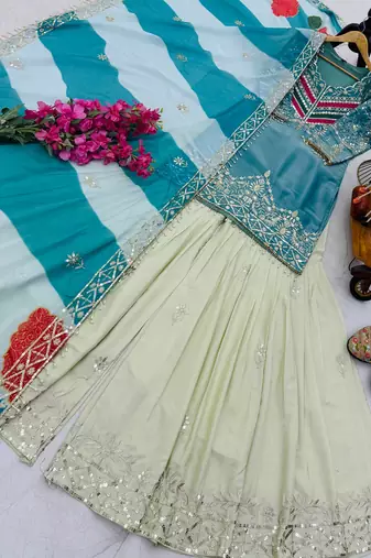 Blue designer embroidered silk blend party wear sharara suit and dupatta set
