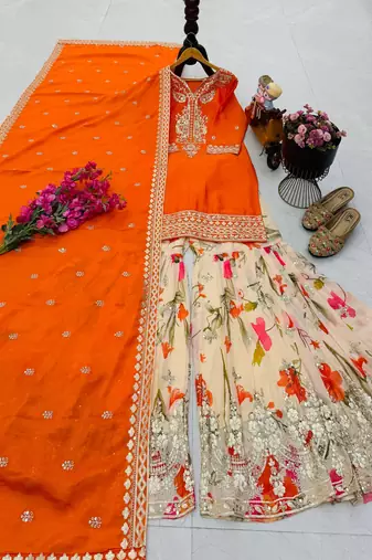 Orange designer embroidered silk blend party wear sharara suit and dupatta set