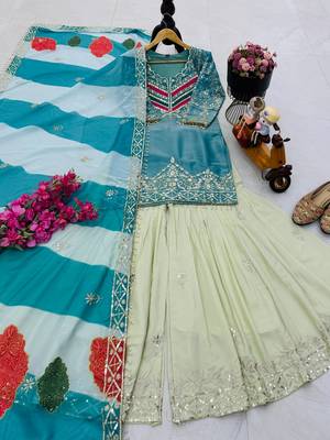 Blue designer embroidered silk blend party wear sharara suit and dupatta set 4