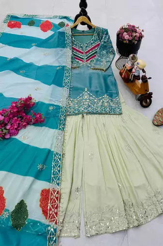 Blue designer embroidered silk blend party wear sharara suit and dupatta set