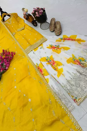Yellow designer embroidered silk blend party wear sharara suit and dupatta set