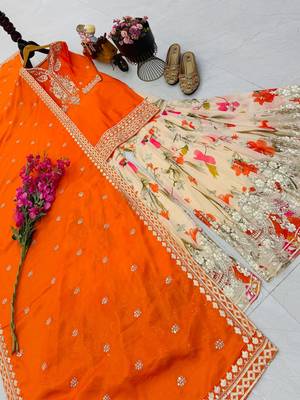 Orange designer embroidered silk blend party wear sharara suit and dupatta set 3