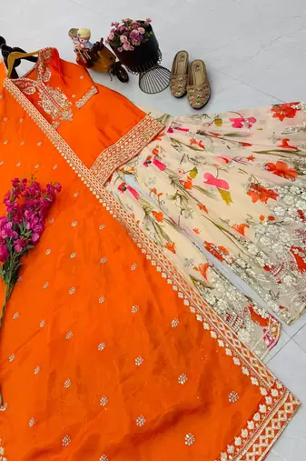 Orange designer embroidered silk blend party wear sharara suit and dupatta set
