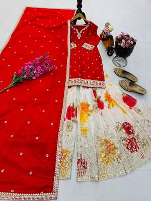 Red designer embroidered silk blend party wear sharara suit and dupatta set 4