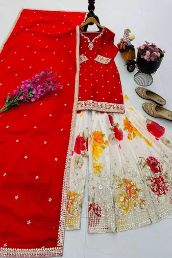Red designer embroidered silk blend party wear sharara suit and dupatta set