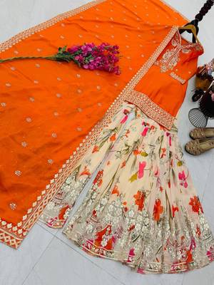 Orange designer embroidered silk blend party wear sharara suit and dupatta set 4