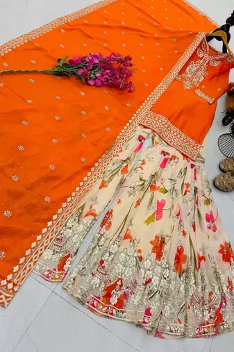 Orange designer embroidered silk blend party wear sharara suit and dupatta set