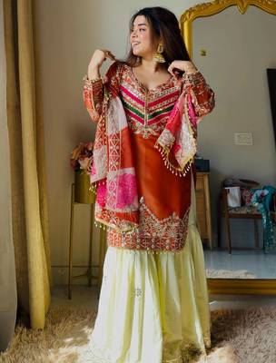 Orange designer embroidered silk blend party wear sharara suit and dupatta set 1