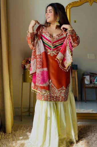 Orange designer embroidered silk blend party wear sharara suit and dupatta set